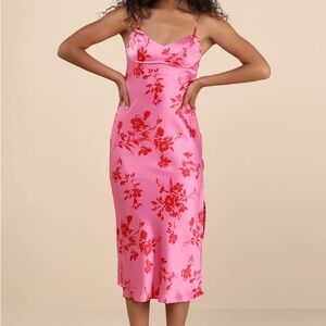 Lulu's Pink and Red Floral Satin Dress